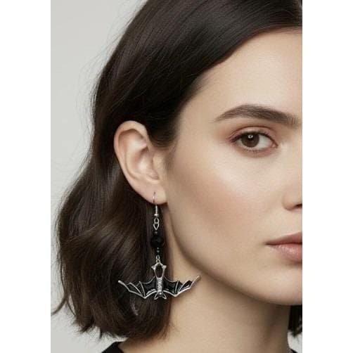 Bat Earrings Black Wings Handmade Handpainted Horror Spooky - Thumbnail 4