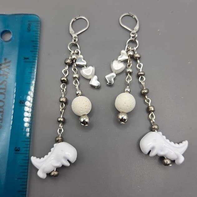 Handmade Earrings White Dinosaur Heart Rock Stainless Steel 3" Drop Dangle - Thumbnail 3