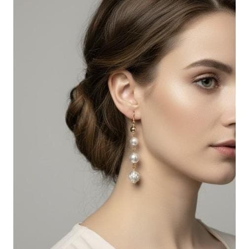 Faux Pearl Rose Dangle Earrings Gold Tone Drop Statement Handmade - Thumbnail 4