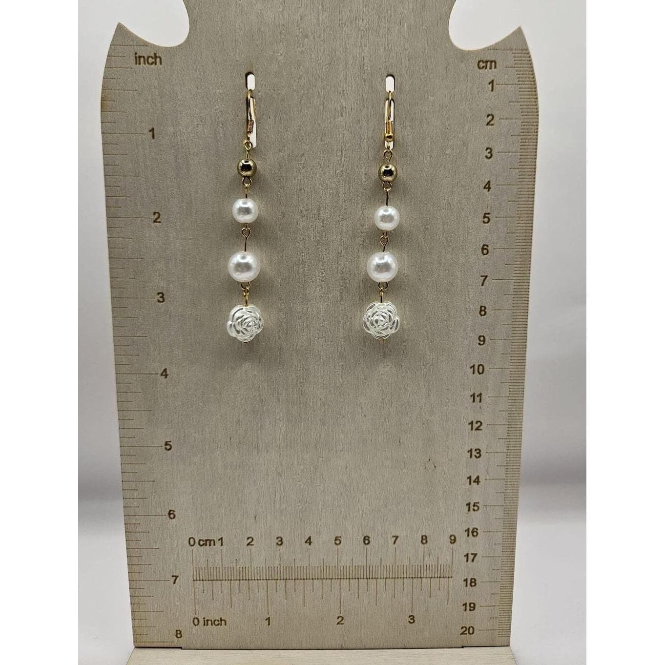 Faux Pearl Rose Dangle Earrings Gold Tone Drop Statement Handmade - Thumbnail 2