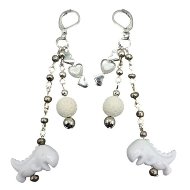 Handmade Earrings White Dinosaur Heart Rock Stainless Steel 3" Drop Dangle - Thumbnail 4