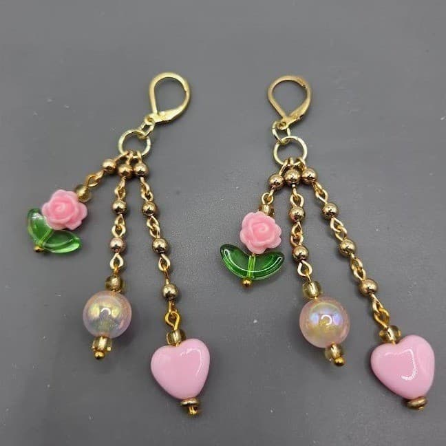 Handmade Dangle Earrings Gold Tone Rose Heart Drop Leverback Stainless Steel - Thumbnail 3