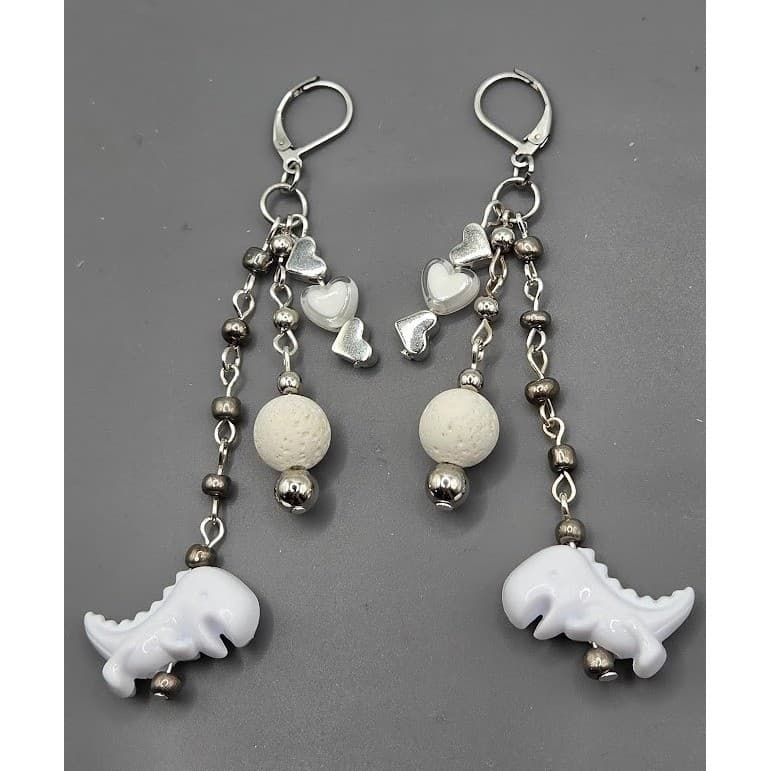 Handmade Earrings White Dinosaur Heart Rock Stainless Steel 3" Drop Dangle - Thumbnail 2