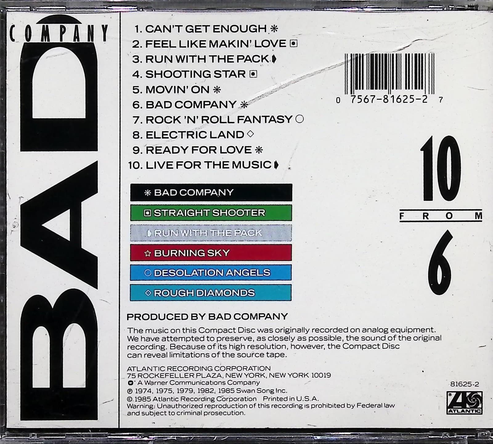 Vintage Bad Company CD 10 From 6 Hits Compilation Rock 1985 Atlantic 81625-2 - Thumbnail 2