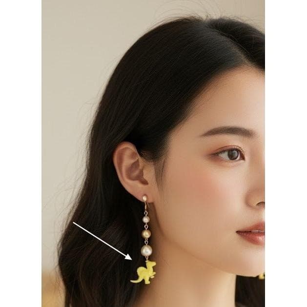 Dinosaur Earrings Yellow Spinosaurus Pearl Dangle Drop Fun Jewelry Handmade - Thumbnail 4
