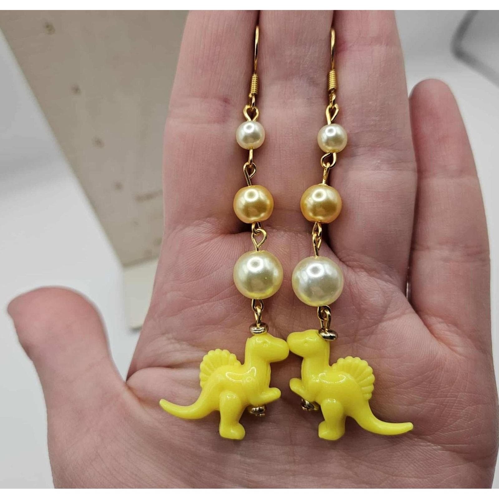 Dinosaur Earrings Yellow Spinosaurus Pearl Dangle Drop Fun Jewelry Handmade - Thumbnail 3