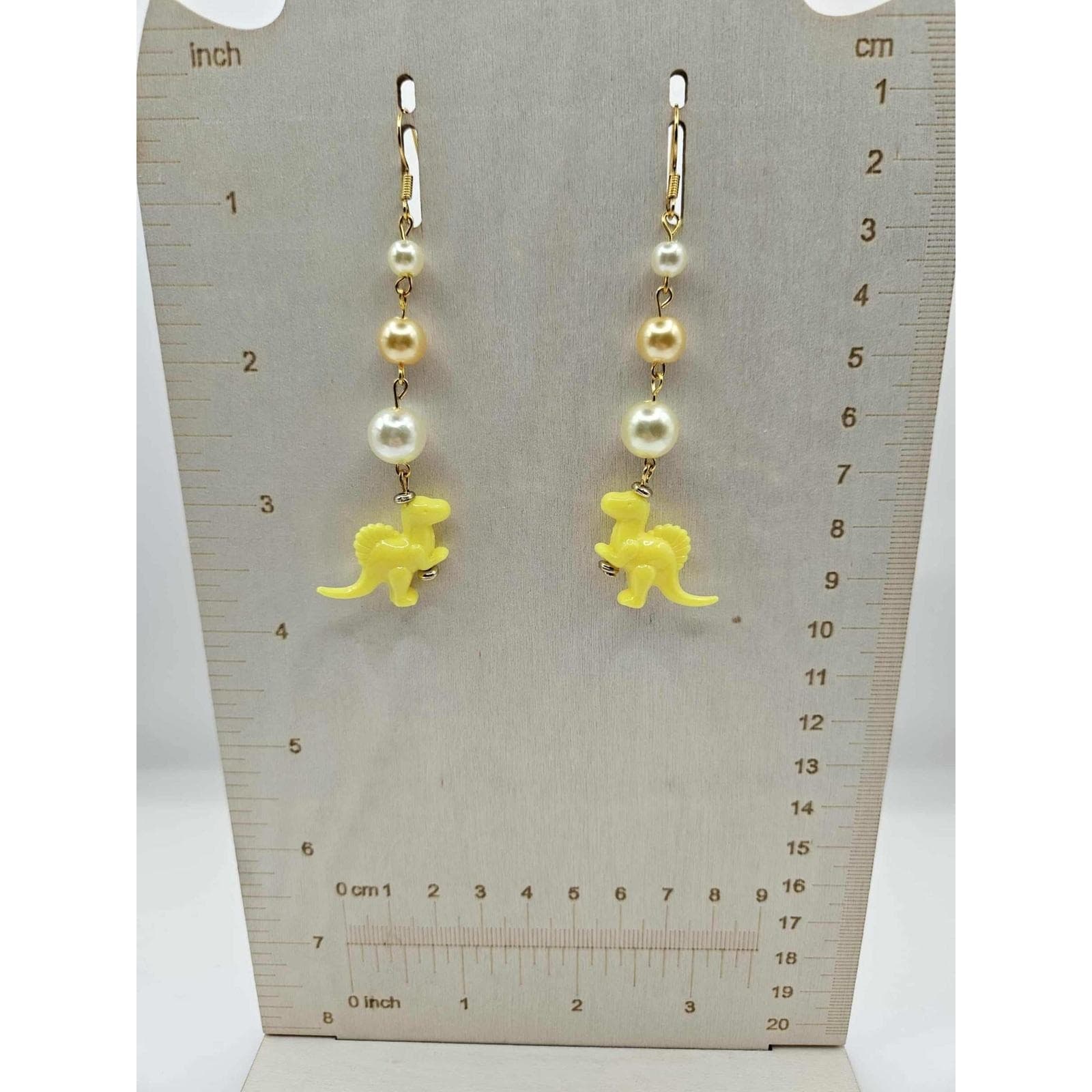 Dinosaur Earrings Yellow Spinosaurus Pearl Dangle Drop Fun Jewelry Handmade - Thumbnail 2