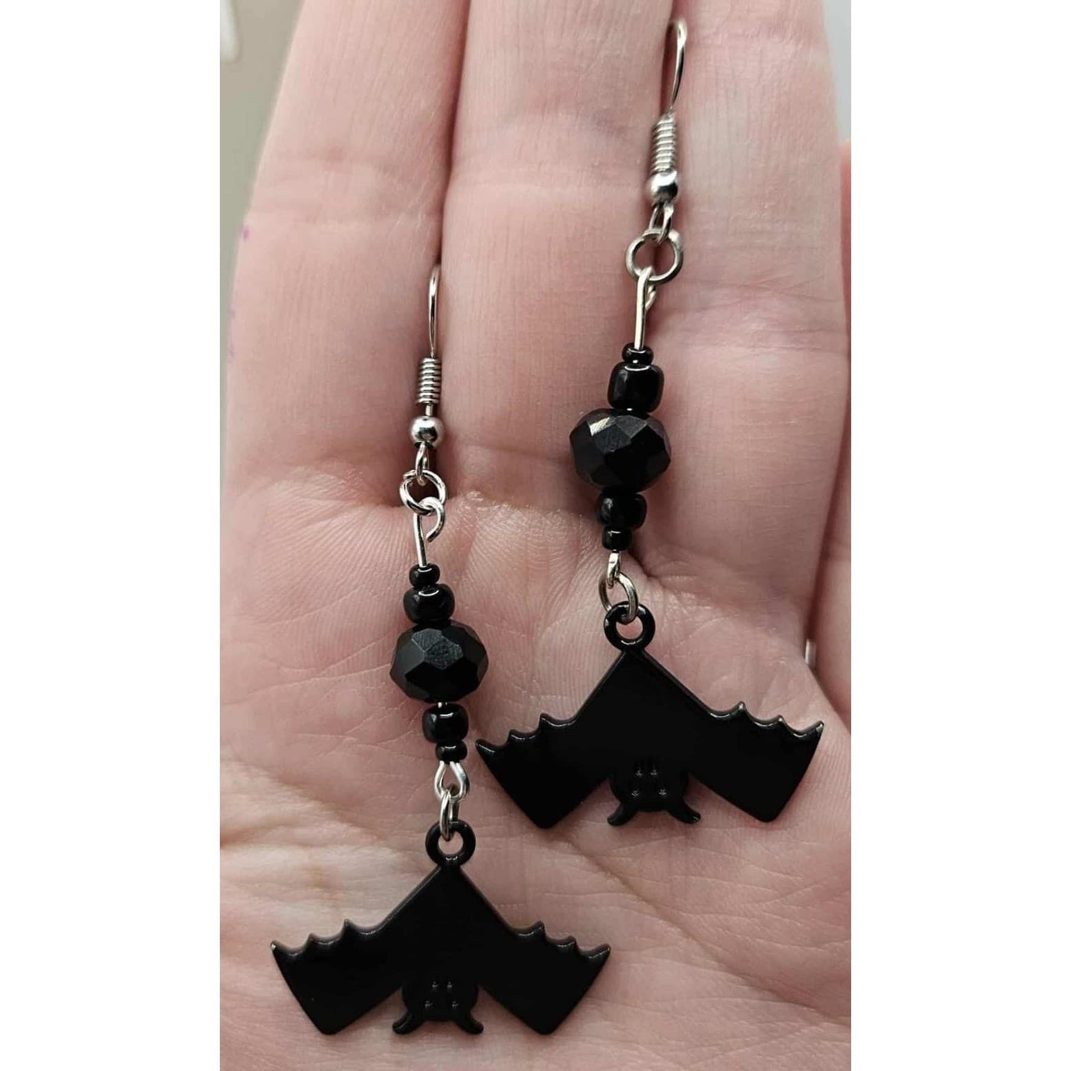 Black Bat Dangle Earrings Halloween Costume Jewelry Accessories Handmade - Thumbnail 3