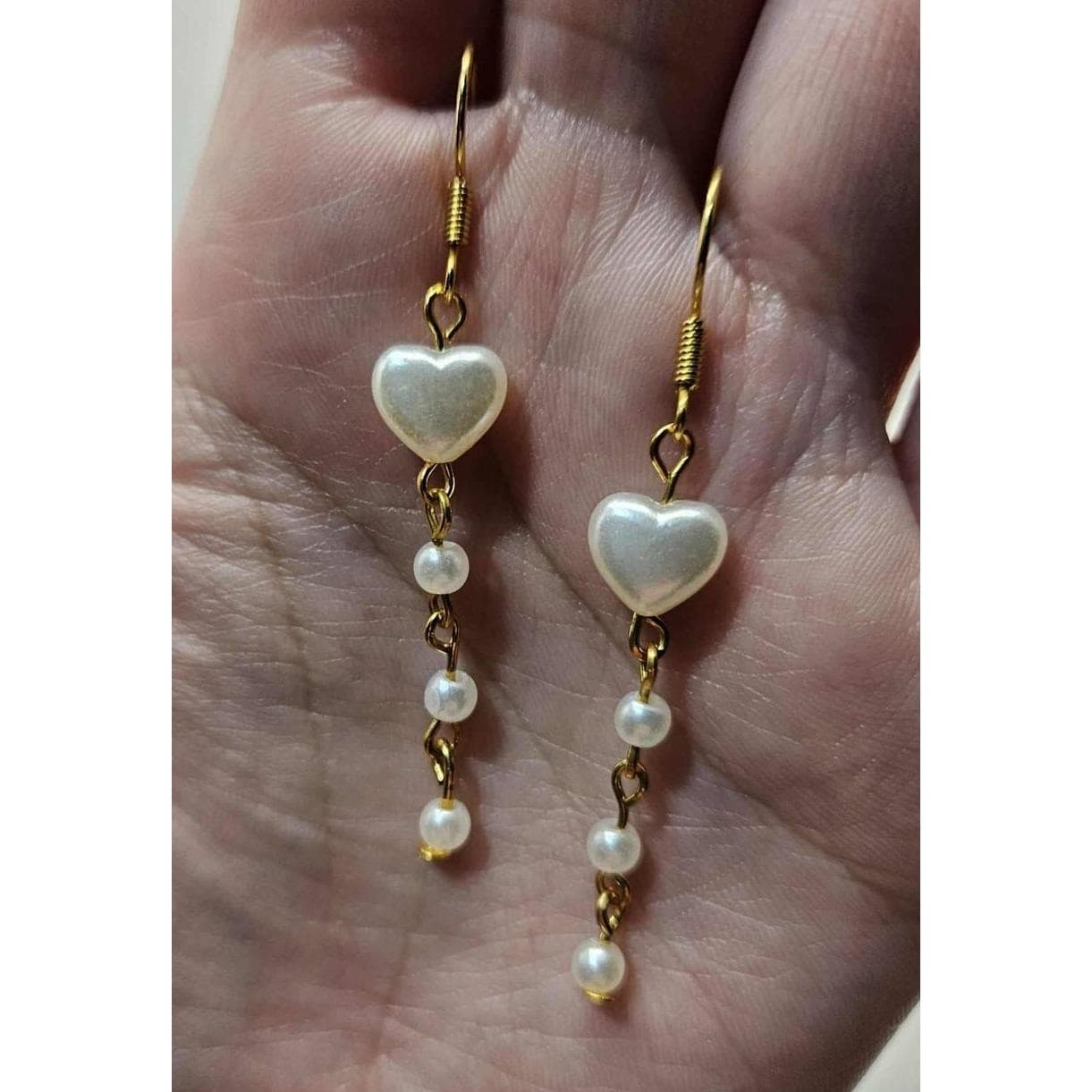 Heart Pearl Dangle Earrings Gold Tone Drop Earrings Jewelry Handmade - Thumbnail 3