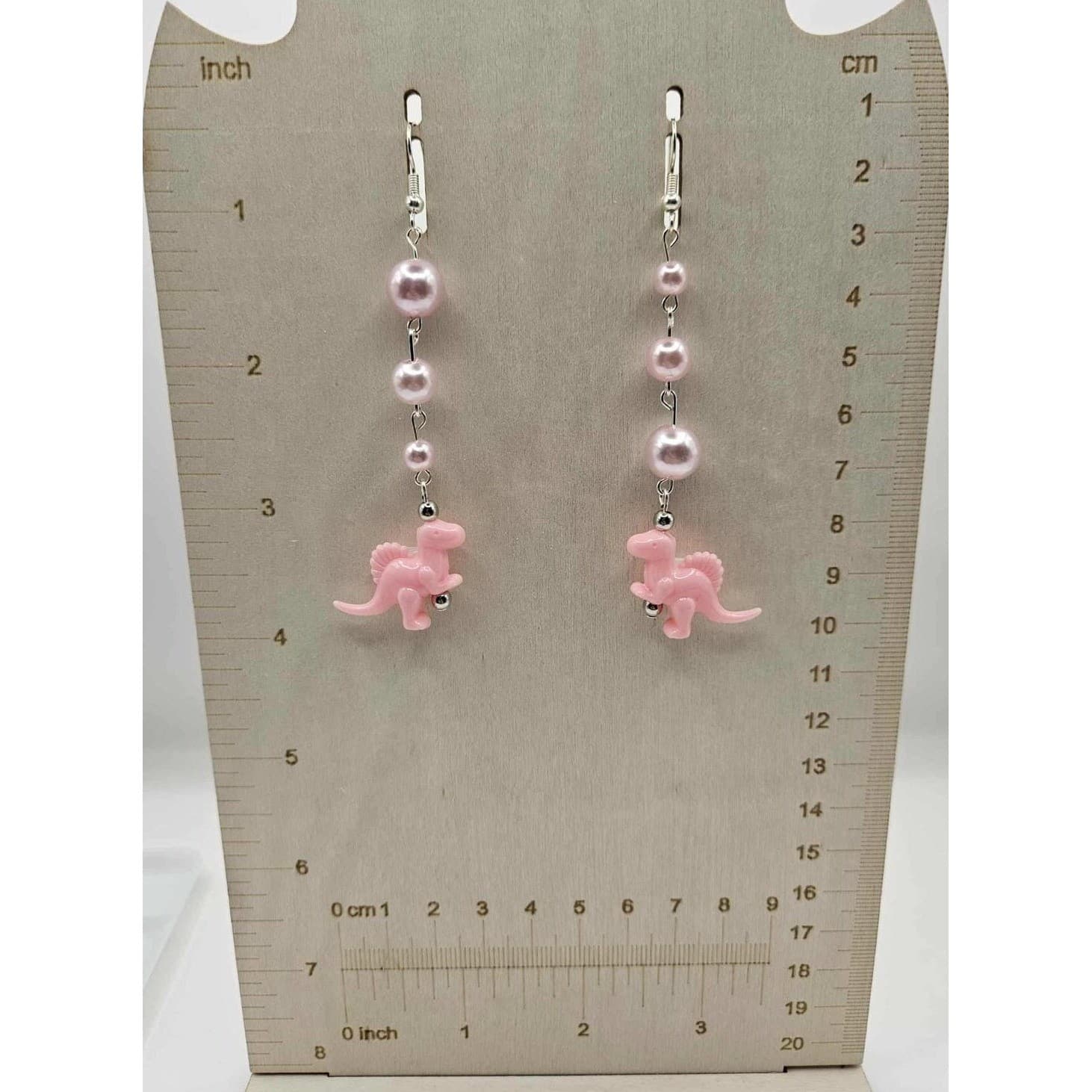 Pink Dinosaur Earrings Dangle Drop Funky Kawaii Novelty Jewelry Handmade - Thumbnail 2