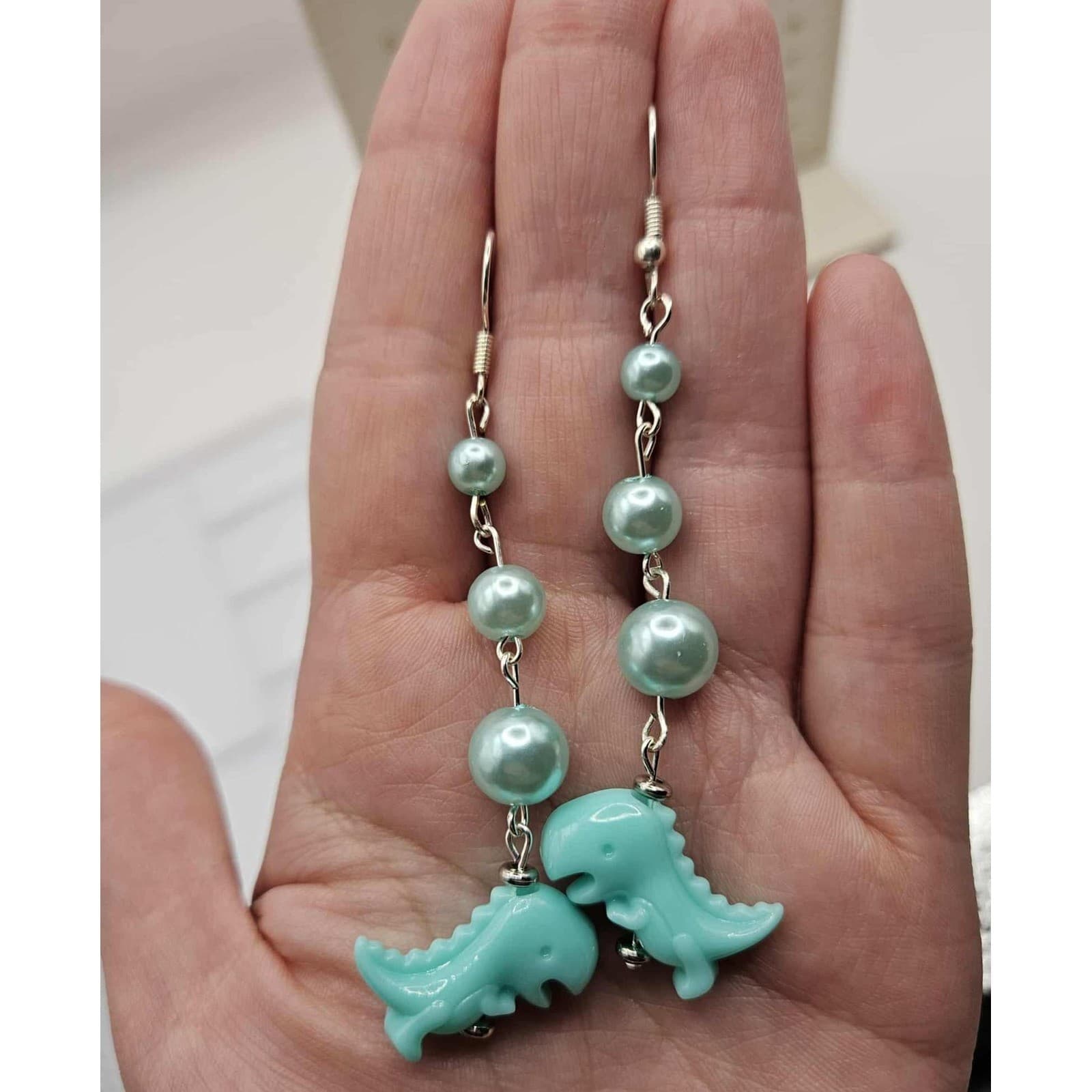 Dinosaur Earrings Blue Pearl Drop Dangle Silver Tone Fun Quirky Jewelry Handmade - Thumbnail 3