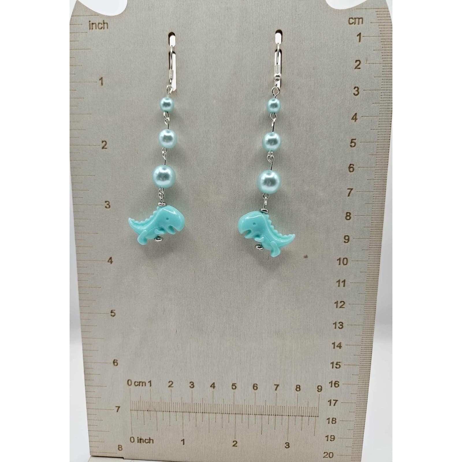 Dinosaur Earrings Blue Pearl Drop Dangle Silver Tone Fun Quirky Jewelry Handmade - Thumbnail 2