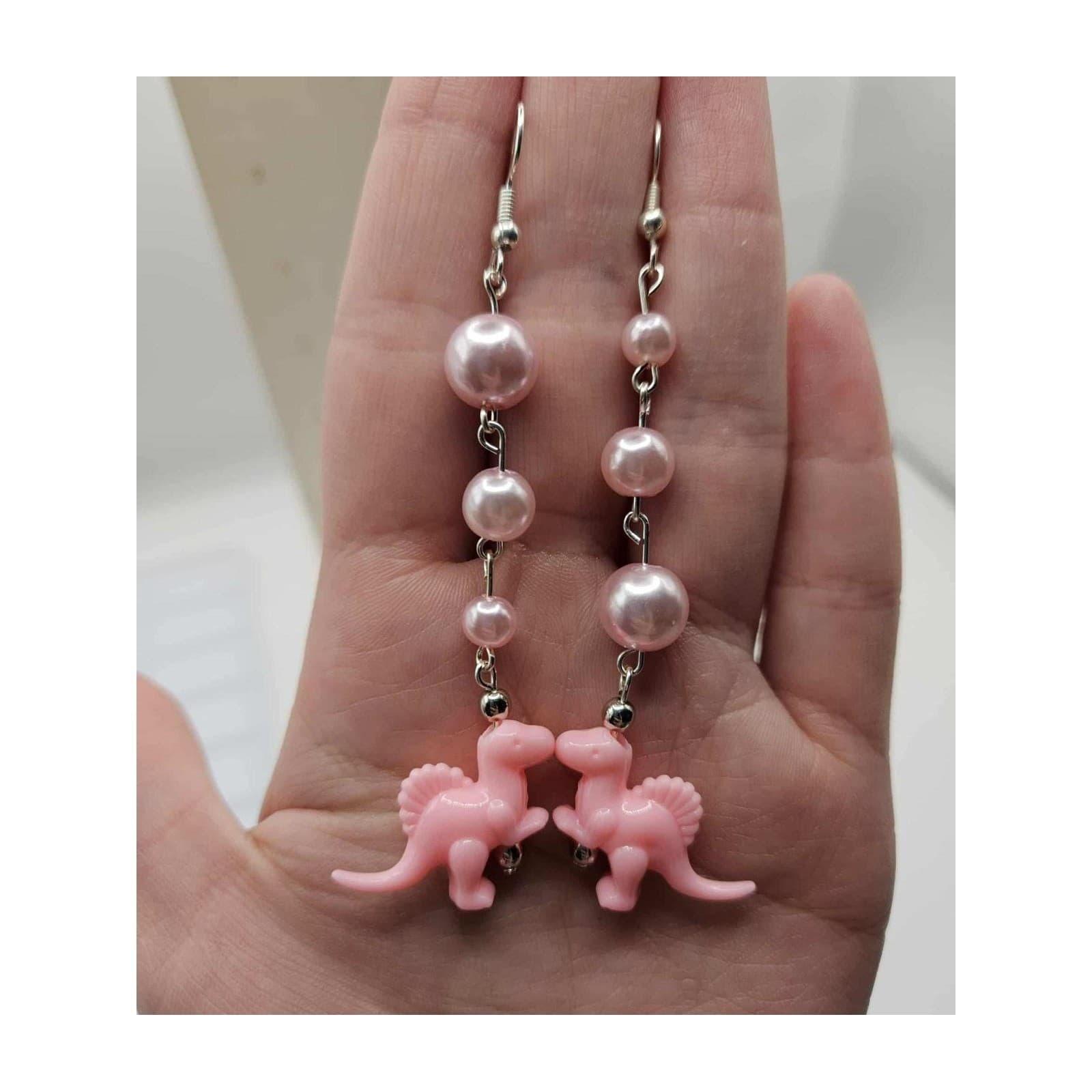 Pink Dinosaur Earrings Dangle Drop Funky Kawaii Novelty Jewelry Handmade - Thumbnail 3