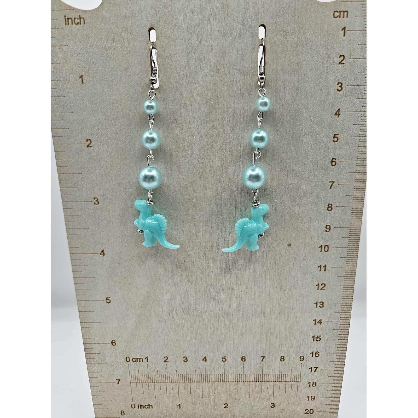 Dinosaur Earrings Blue Pearl Drop Dangle Fun Quirky Statement Jewelry Handmade - Thumbnail 2