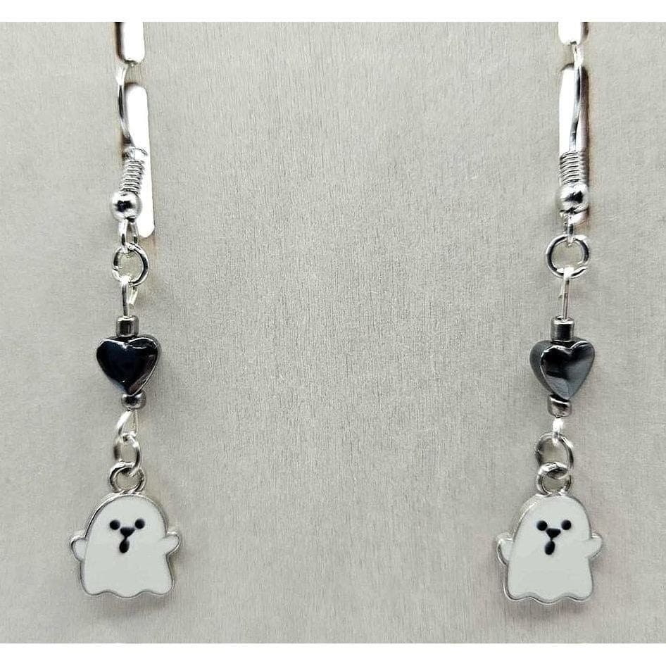 Ghost Earrings Dangle Drop Silver Tone Hematite Heart Halloween Cute Handmade - Thumbnail 2