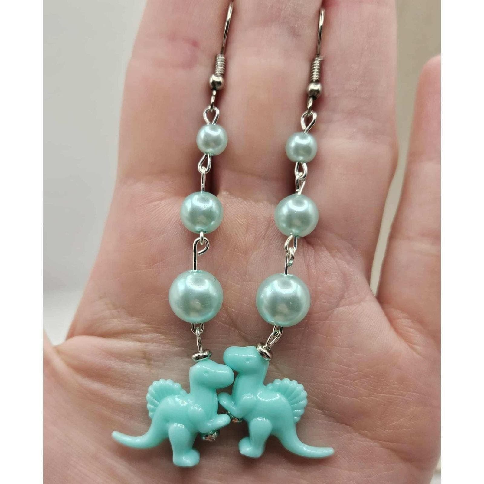 Dinosaur Earrings Blue Pearl Drop Dangle Fun Quirky Statement Jewelry Handmade - Thumbnail 3