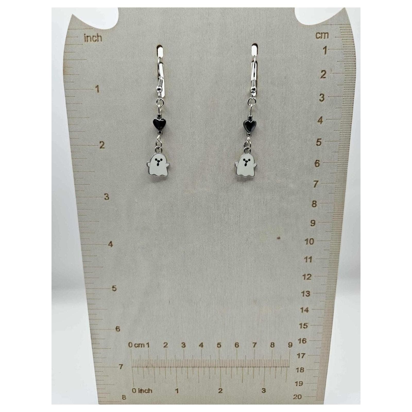 Ghost Earrings Dangle Drop Silver Tone Hematite Heart Halloween Cute Handmade - Thumbnail 3