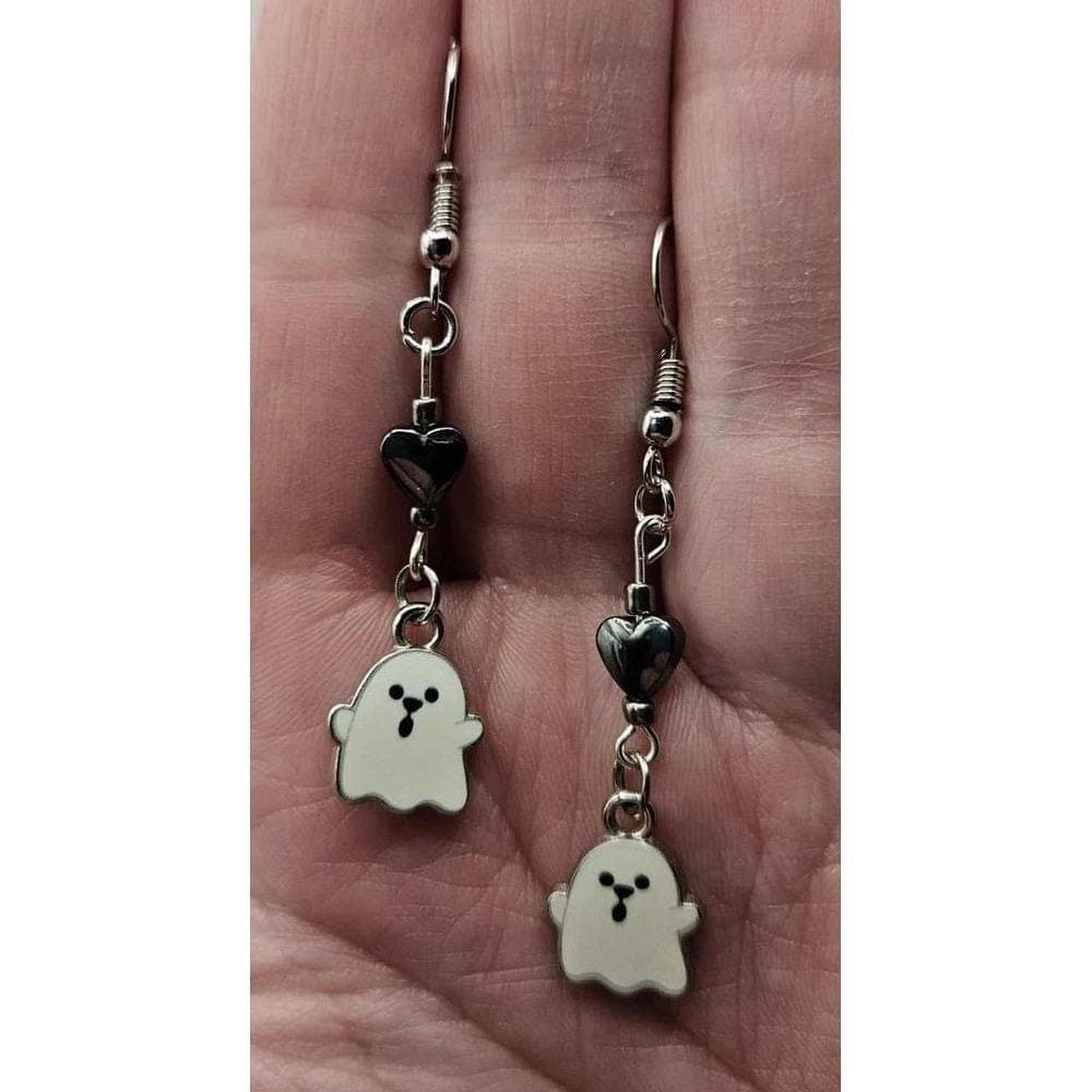 Ghost Earrings Dangle Drop Silver Tone Hematite Heart Halloween Cute Handmade - Thumbnail 4