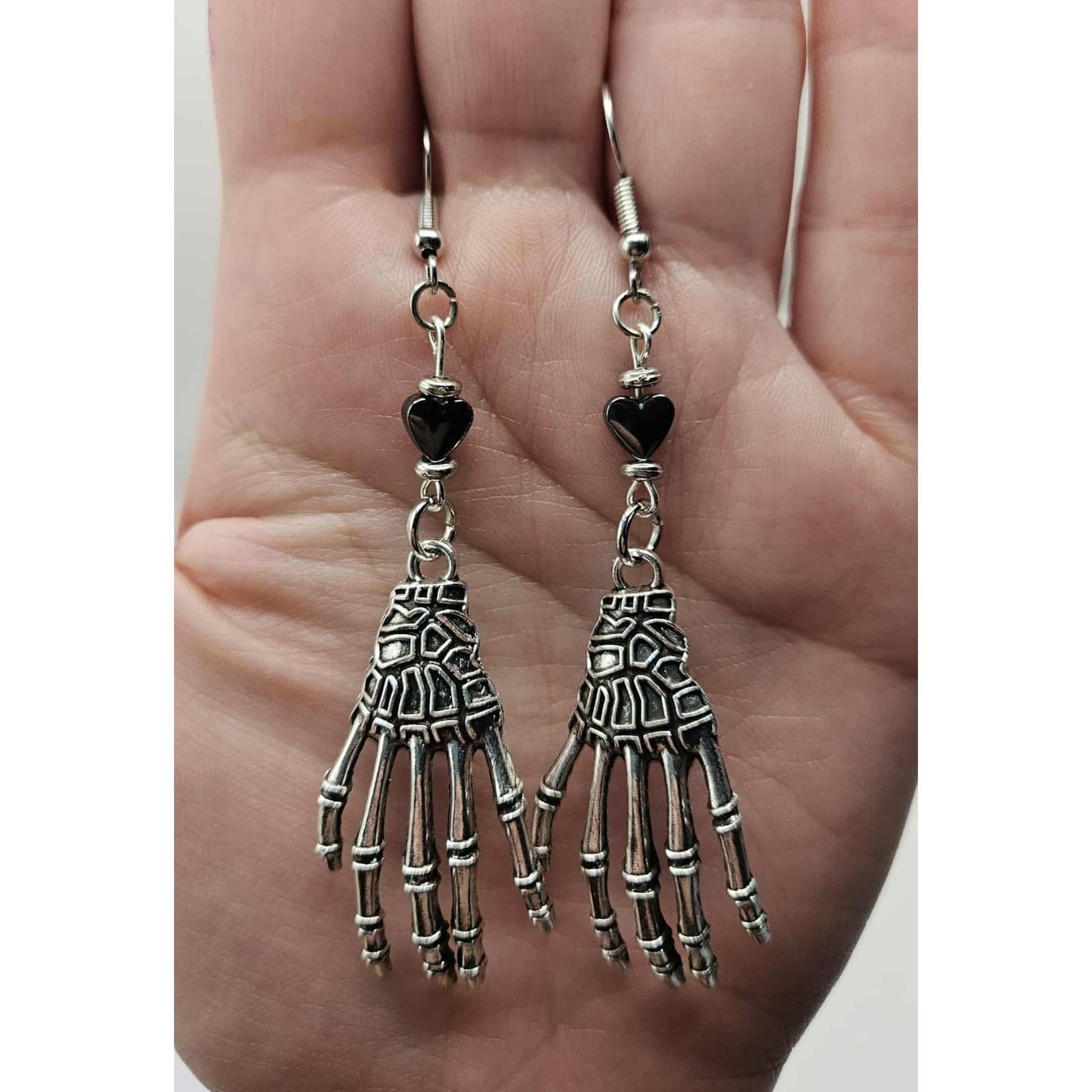 Skeleton Hand Dangle Drop Earrings Hematite Heart Gothic Halloween Handmade - Thumbnail 3