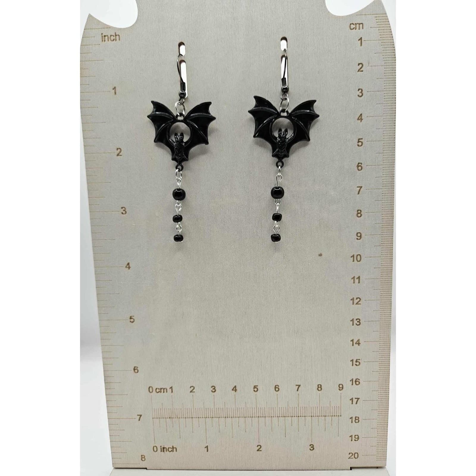 Bat Earrings Dangle Drop Black Bead Halloween Gothic Emo Witchy Jewelry Handmade - Thumbnail 2