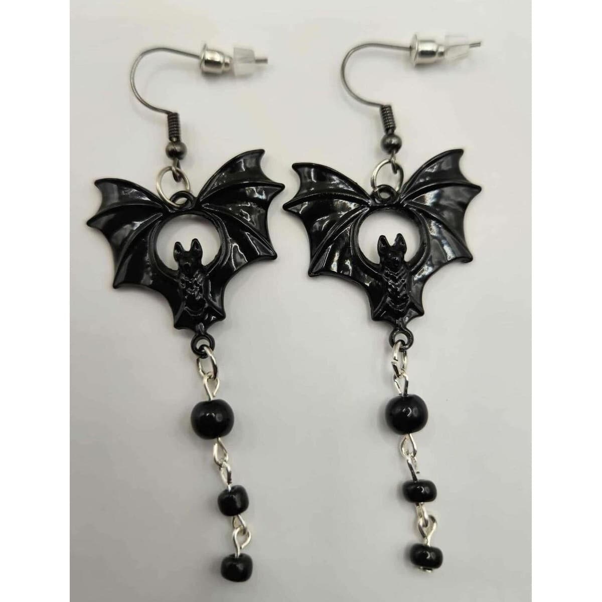 Bat Earrings Dangle Drop Black Bead Halloween Gothic Emo Witchy Jewelry Handmade - Thumbnail 3