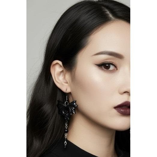 Bat Earrings Dangle Drop Black Bead Halloween Gothic Emo Witchy Jewelry Handmade - Thumbnail 4