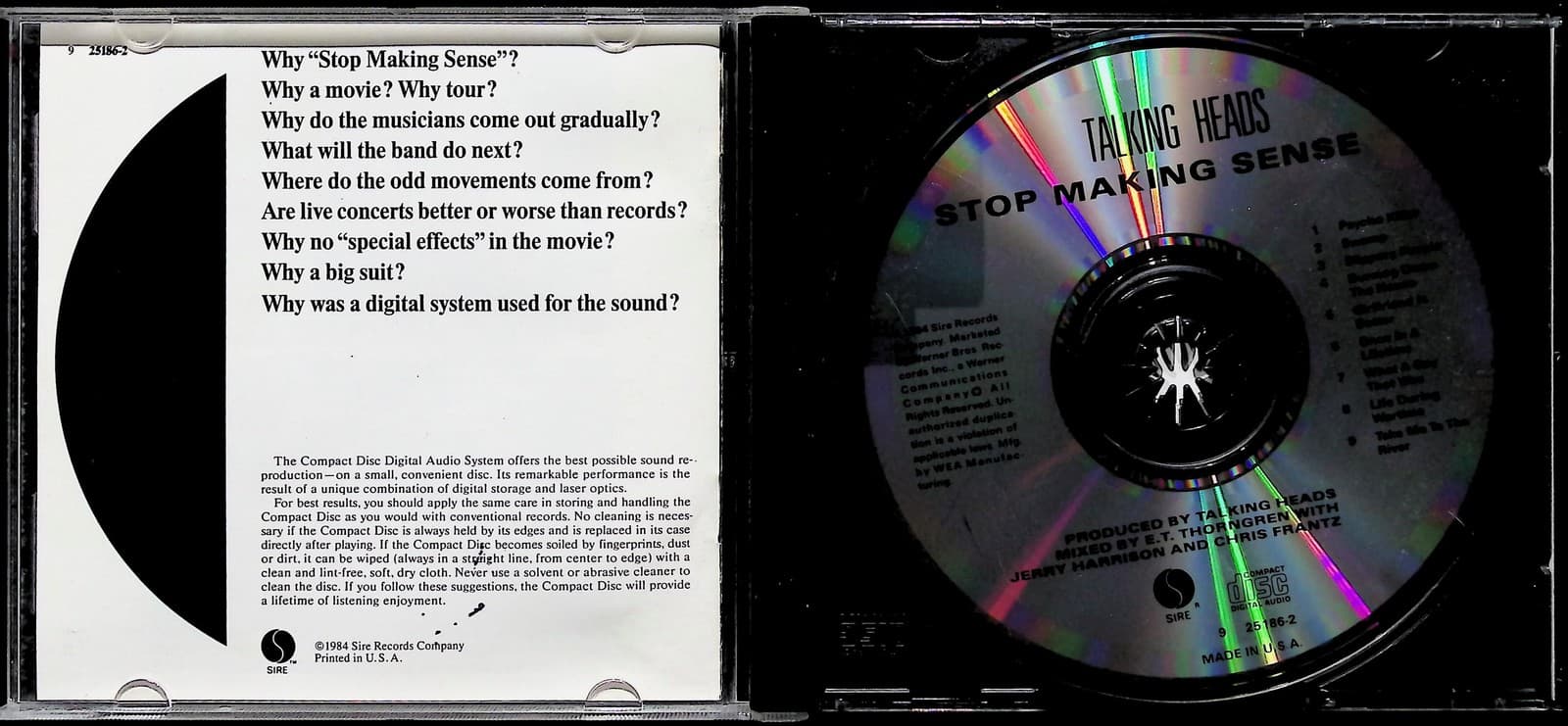 Vintage 1984 Talking Heads CD Stop Making Sense New Wave Album Sire USA Rock - Thumbnail 3