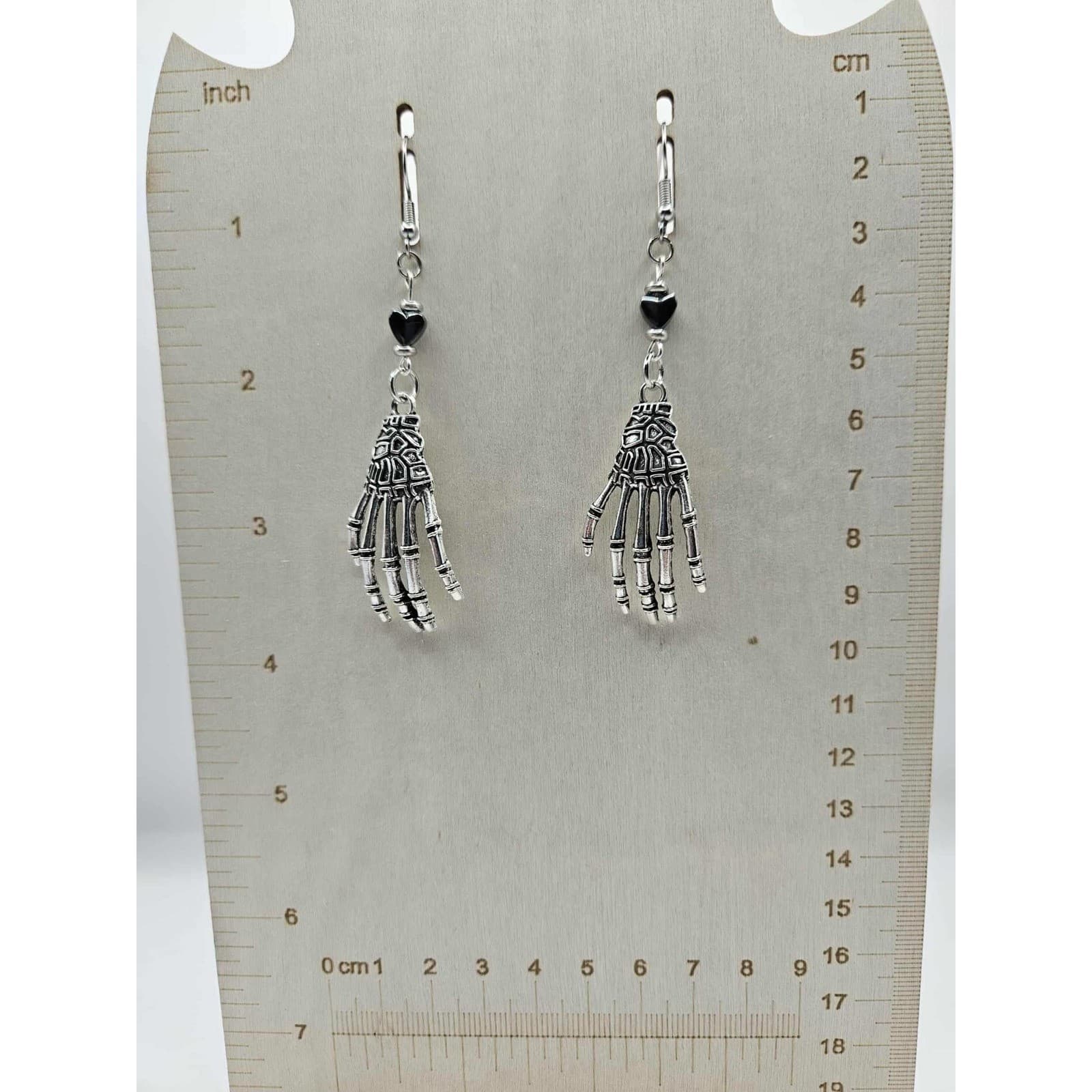 Skeleton Hand Dangle Drop Earrings Hematite Heart Gothic Halloween Handmade - Thumbnail 2