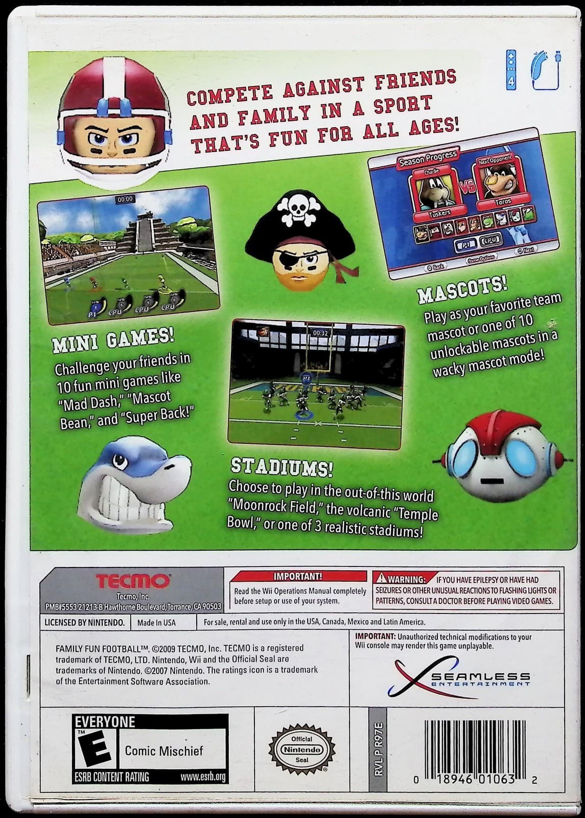 Family Fun Football Nintendo Wii Game Tecmo 2009 NTSC-U/C E Sports Multiplayer - Thumbnail 2