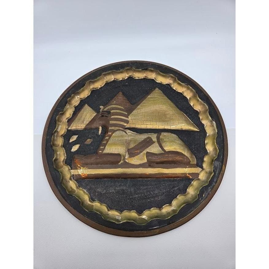 Handmade Brass Egyptian Plate 13.3" Sphinx Pyramids Dark Moody Patina Decor - Thumbnail 4