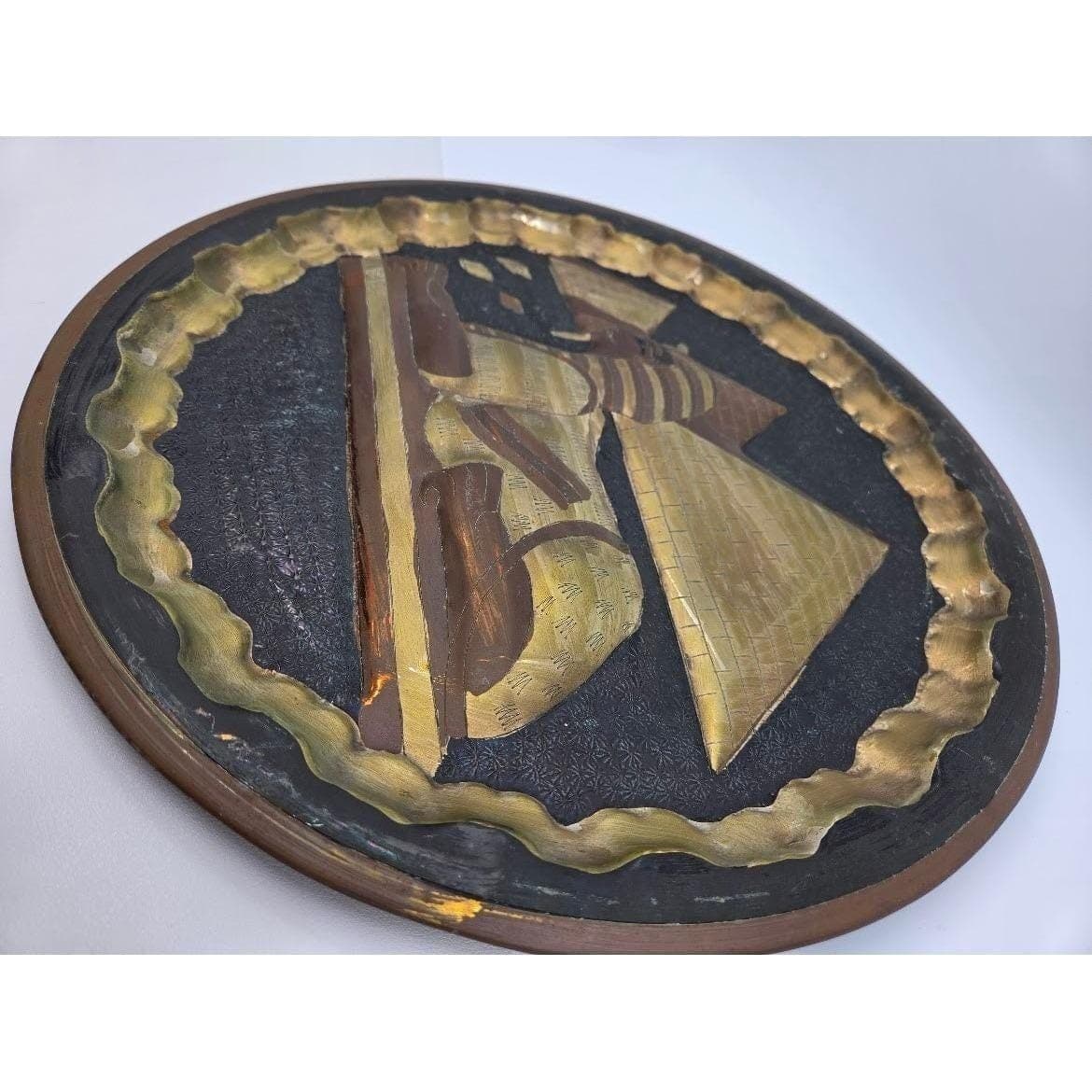 Handmade Brass Egyptian Plate 13.3" Sphinx Pyramids Dark Moody Patina Decor - Thumbnail 5