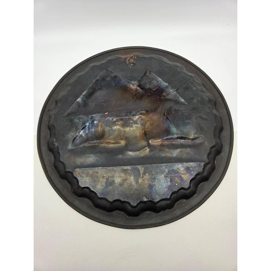 Handmade Brass Egyptian Plate 13.3" Sphinx Pyramids Dark Moody Patina Decor - Thumbnail 2