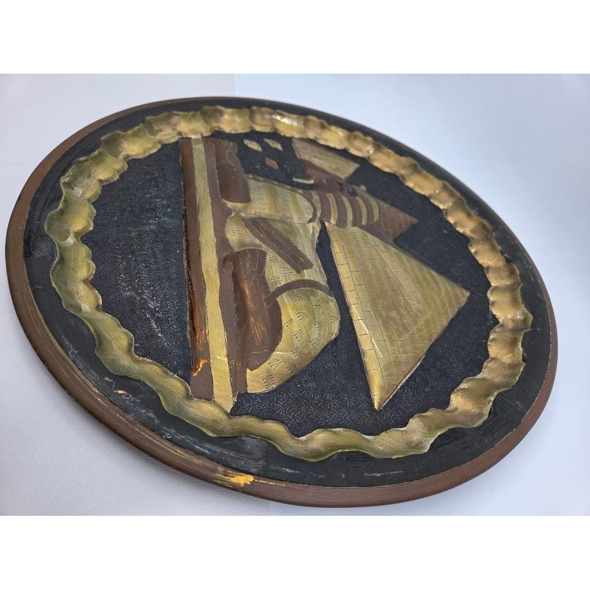 Handmade Brass Egyptian Plate 13.3" Sphinx Pyramids Dark Moody Patina Decor - Thumbnail 3