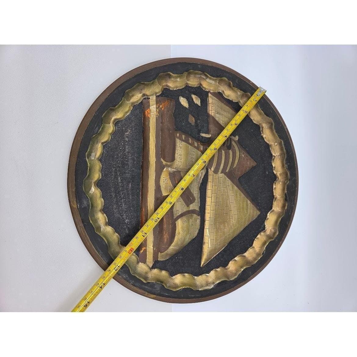 Handmade Brass Egyptian Plate 13.3" Sphinx Pyramids Dark Moody Patina Decor - Thumbnail 6
