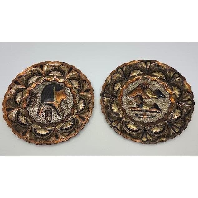Handmade Egyptian Brass Plates Set of 2, Pharaoh Sphinx 8.5" Mixed Metal - Thumbnail 4