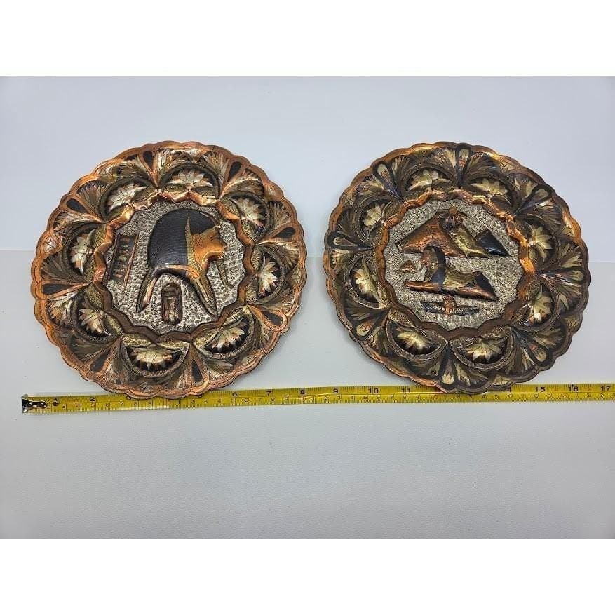 Handmade Egyptian Brass Plates Set of 2, Pharaoh Sphinx 8.5" Mixed Metal - Thumbnail 5