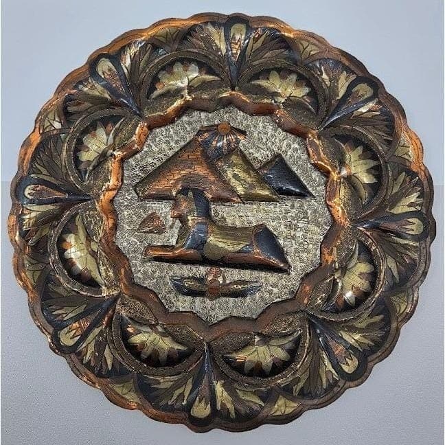Handmade Egyptian Brass Plates Set of 2, Pharaoh Sphinx 8.5" Mixed Metal - Thumbnail 3