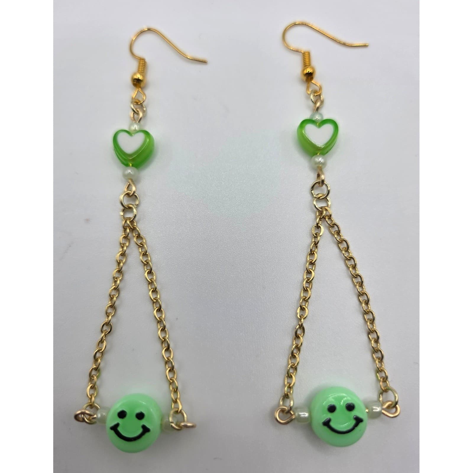 Handmade Earrings Green Smiley Heart Gold Tone Stainless Steel Drop Dangle - Thumbnail 2