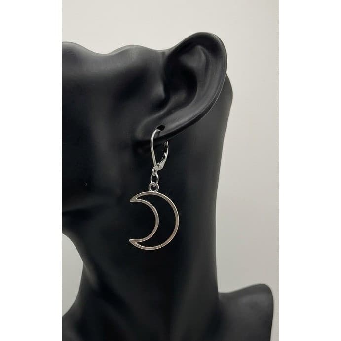 Handmade Earrings Silver Crescent Moon Stainless Steel Leverback Witchy Boho - Thumbnail 2