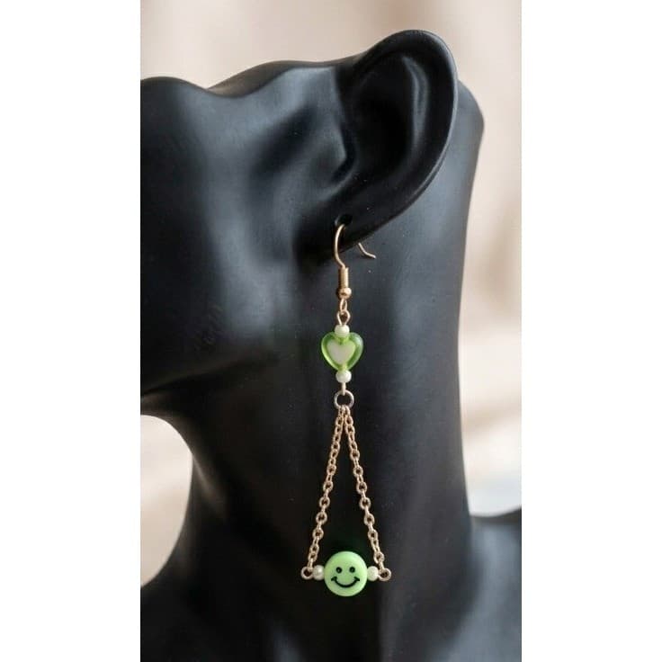 Handmade Earrings Green Smiley Heart Gold Tone Stainless Steel Drop Dangle - Thumbnail 6