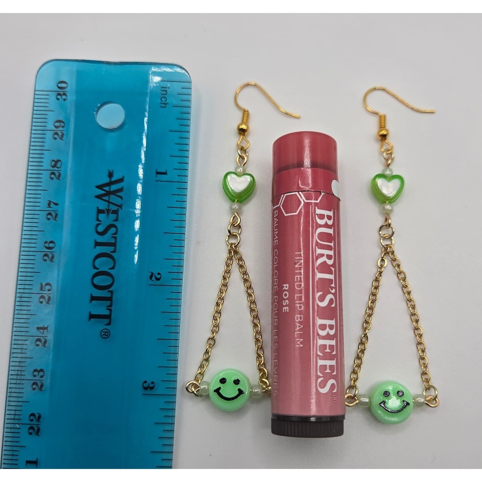 Handmade Earrings Green Smiley Heart Gold Tone Stainless Steel Drop Dangle - Thumbnail 5