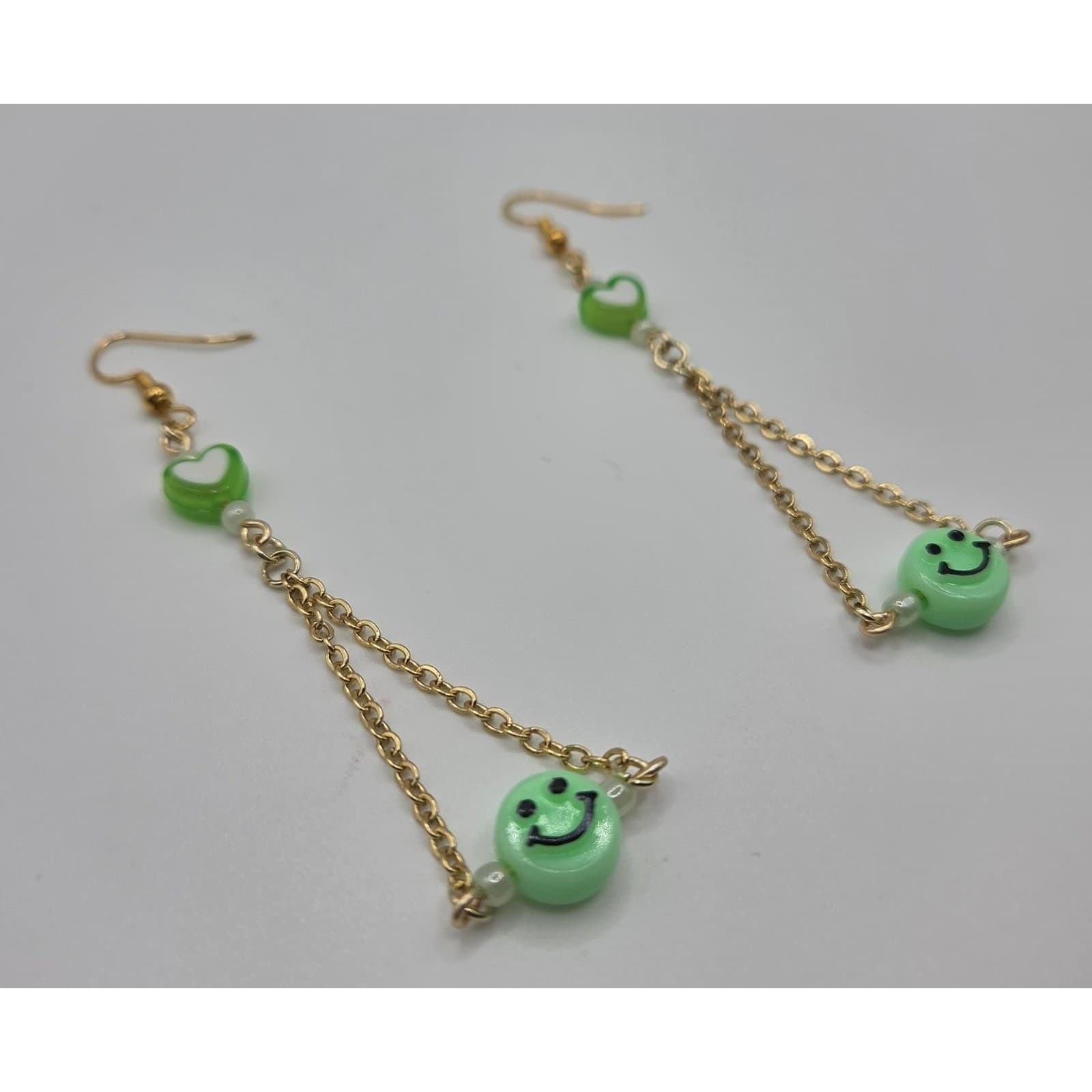 Handmade Earrings Green Smiley Heart Gold Tone Stainless Steel Drop Dangle - Thumbnail 4