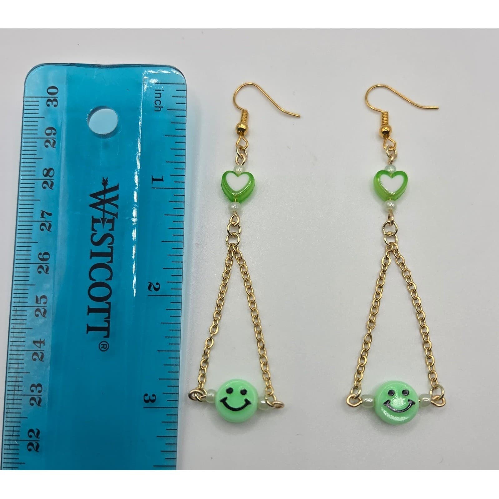 Handmade Earrings Green Smiley Heart Gold Tone Stainless Steel Drop Dangle - Thumbnail 3