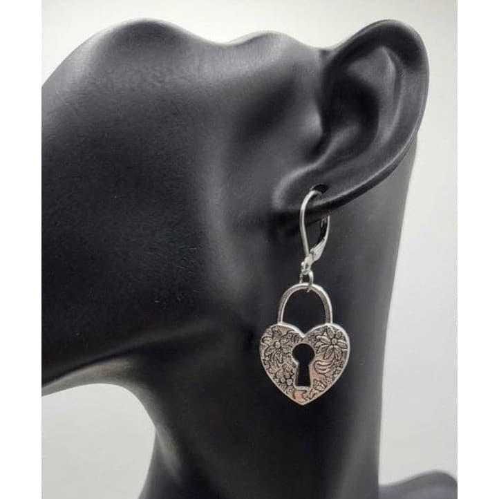 Handmade Lock and Key Earrings Whimsy Silver Tone Leverback Heart Skeleton Key - Thumbnail 2