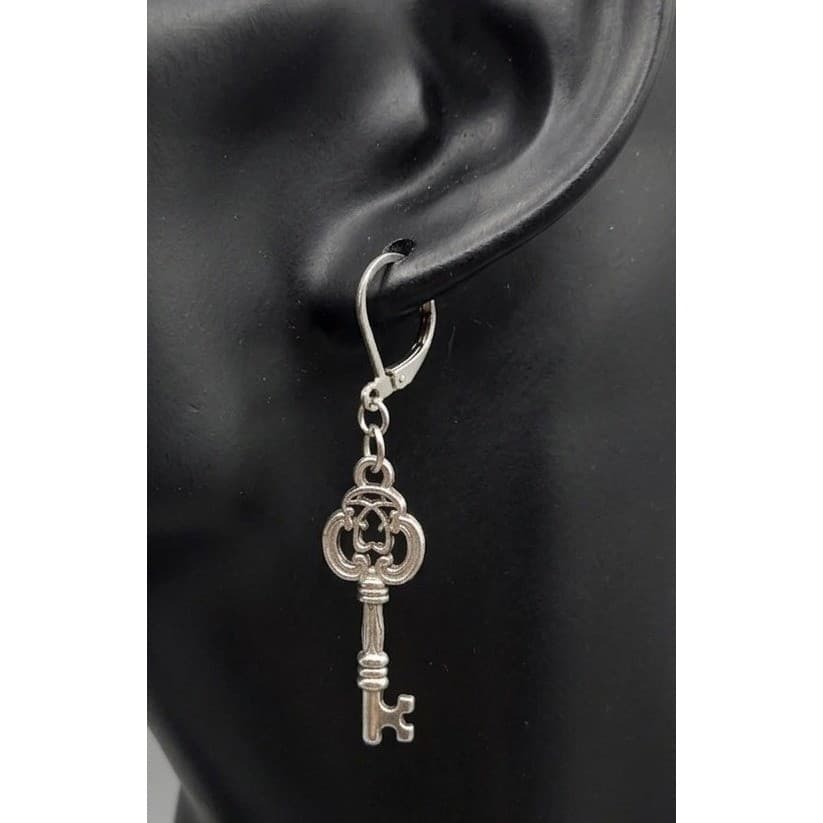 Handmade Earrings Silver Tone Whimsical Skeleton Key Stainless Steel Leverback - Thumbnail 2
