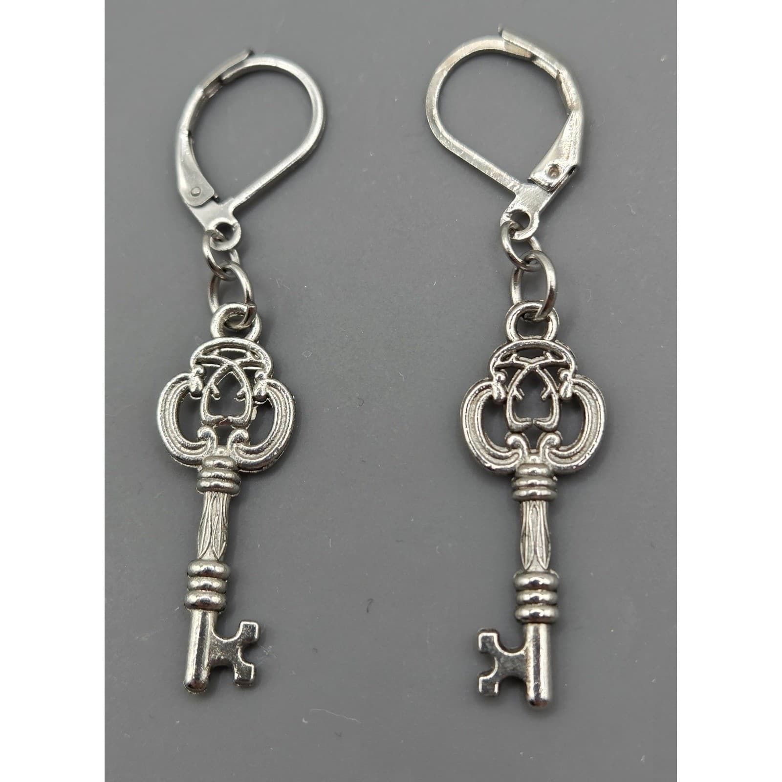 Handmade Earrings Silver Tone Whimsical Skeleton Key Stainless Steel Leverback - Thumbnail 6