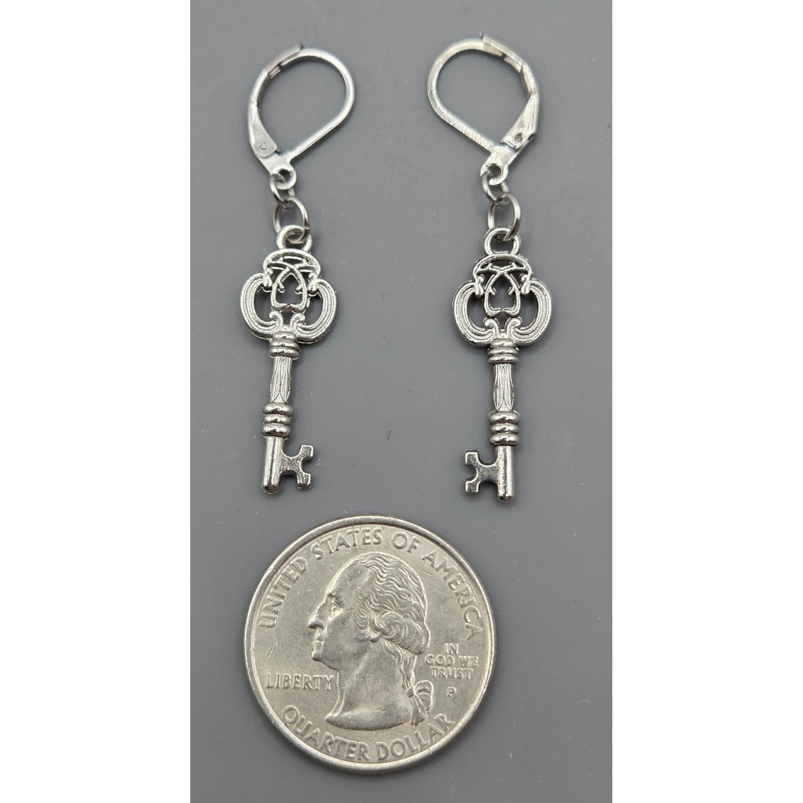 Handmade Earrings Silver Tone Whimsical Skeleton Key Stainless Steel Leverback - Thumbnail 5