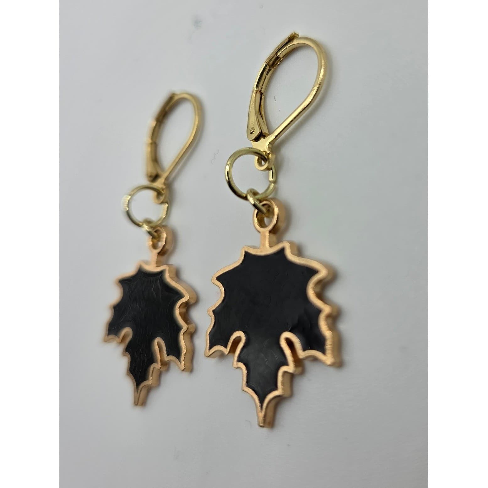 Handmade Earrings Gold Toned Black Fall Goth Leaf Leverback Stainless Steel - Thumbnail 2