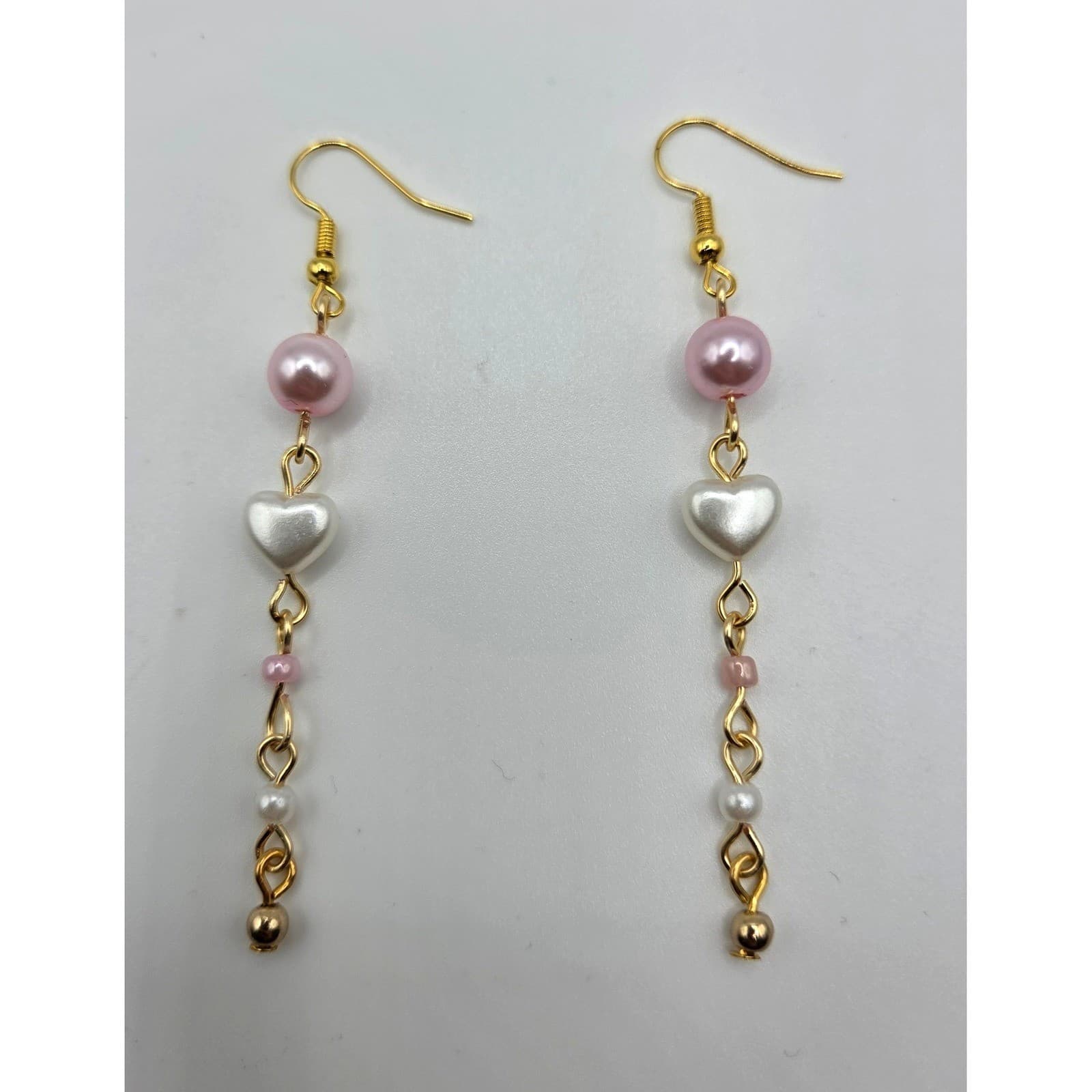 Handmade Earrings Gold Pink Faux Pearl Heart Drop Dangle Pearlcore - Thumbnail 3