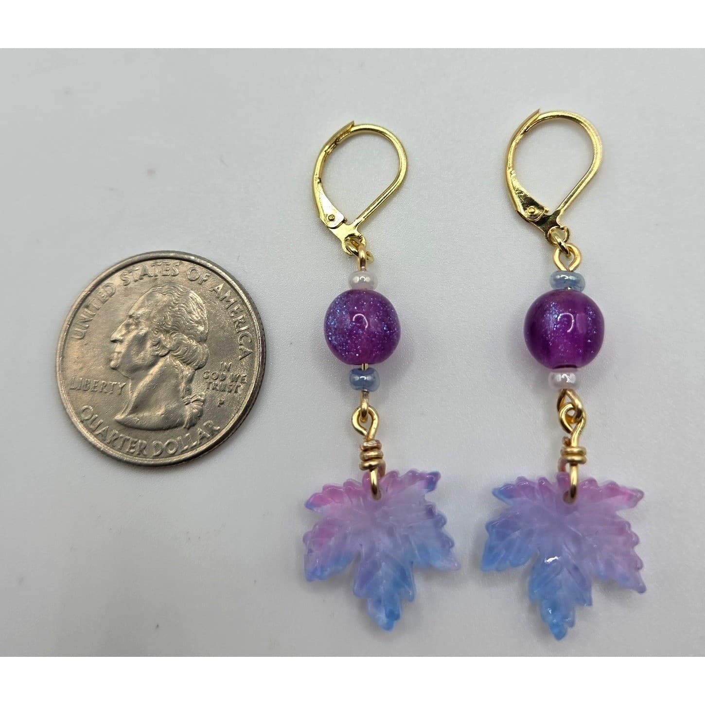 Handmade Earrings Purple Blue Ombre Leaf Gold Tone Drop Dangle Leverback - Thumbnail 5